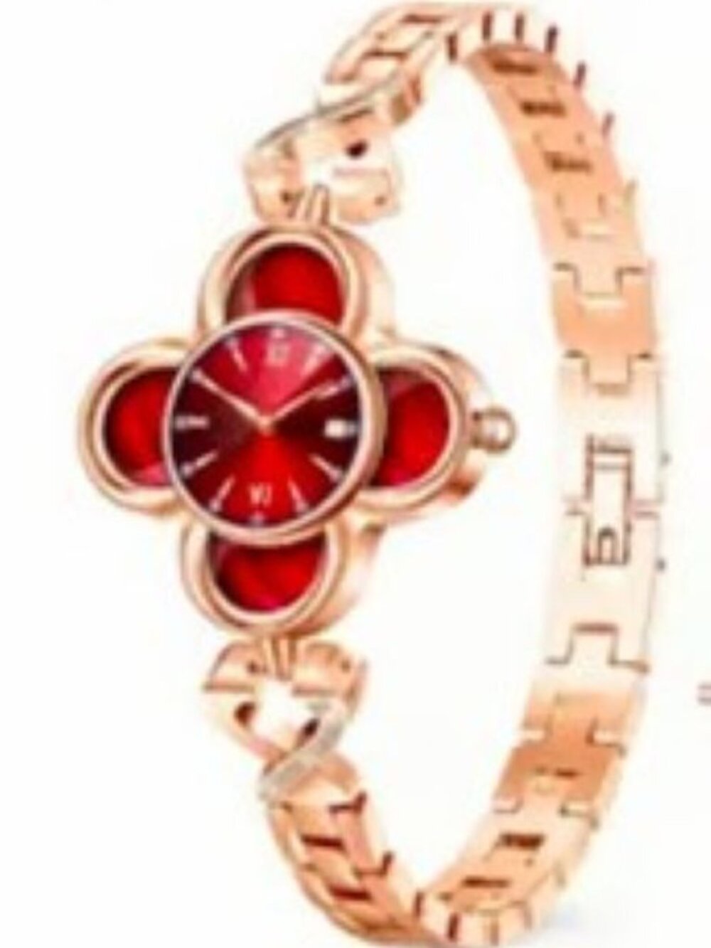 Women's Red Clover Shaped Watch Face-Smartwatch Waterproof Gold Tone Band-NEW